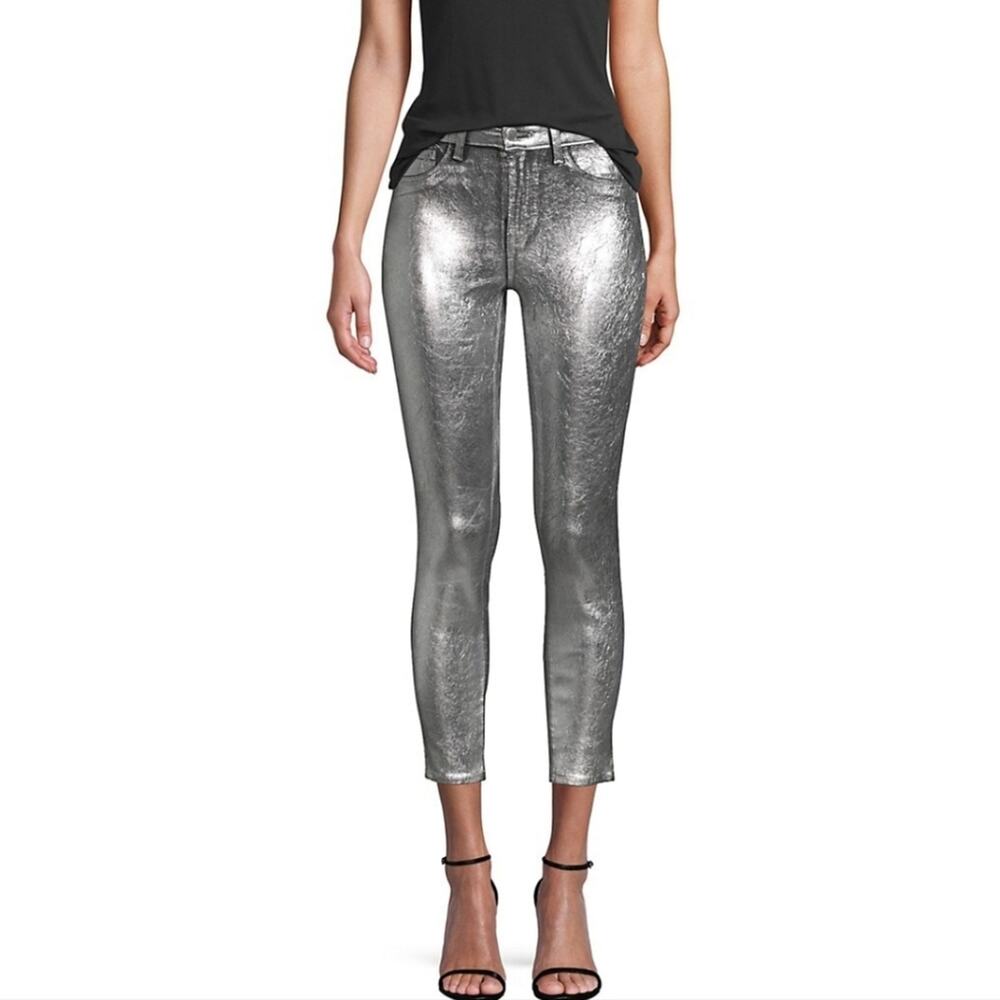 L'AGENCE Margot Metallic Cloud Gunmetal Silver Coated Skinny Crop Jeans 24 NWT